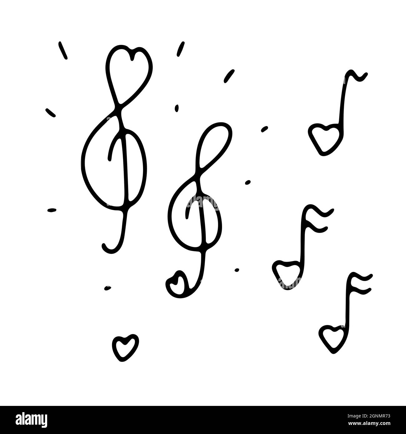 Doodle Valentines niedlichen musikalischen Zeichen gesetzt. Handgezeichnetes Love Sound-Symbol auf weißem Hintergrund. Gliederung Anmerkung, Höhenschlüssel in Form eines Herzens. Hochzeit Stock Vektor