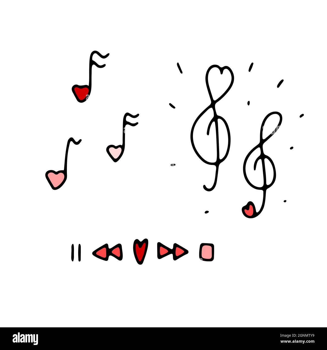 Doodle Valentines musikalische Zeichen gesetzt. Handgezeichnetes Liebessymbol auf weißem Hintergrund. Beachte, Höhenschlüssel, Rückspulmarkierung, Spiel, Pause in Form eines Herzens. Stock Vektor