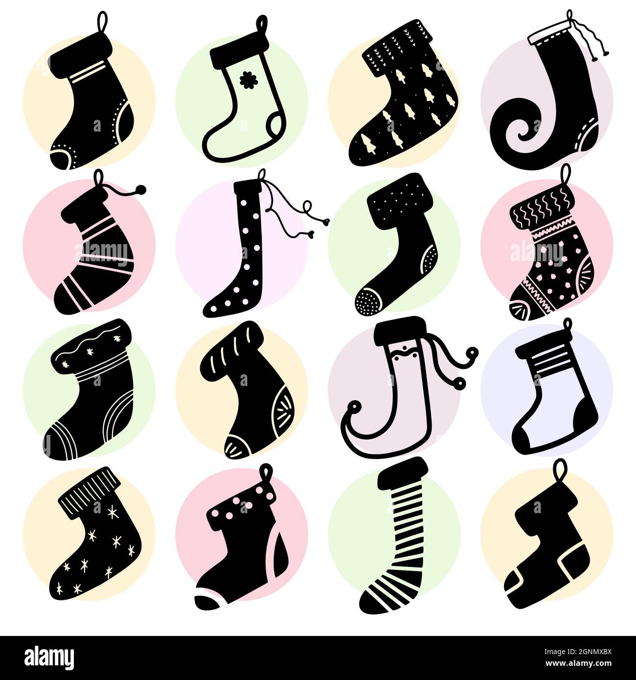 Schwarzer Weihnachtsstrumpf Weihnachtsmann Socken handgezeichnete Design-Elemente Vektor-Illustration. Kalligraphie Urlaub Neujahr Ikone Set Winter mit Tannenbaum Stock Vektor