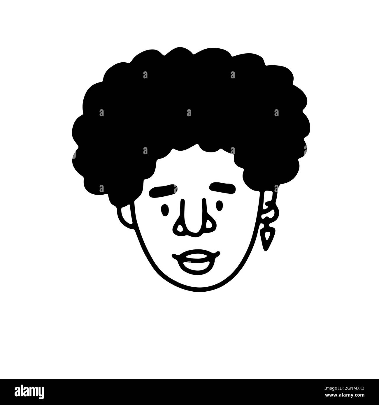 Doodle Mädchen Gesicht. Handgezeichnete Umrisse menschlich isoliert auf weißem Hintergrund. Witziger Avatar. Cartoon lockige afroamerikanische Frau mit Ohrringen. Buchsenanschluss Stock Vektor