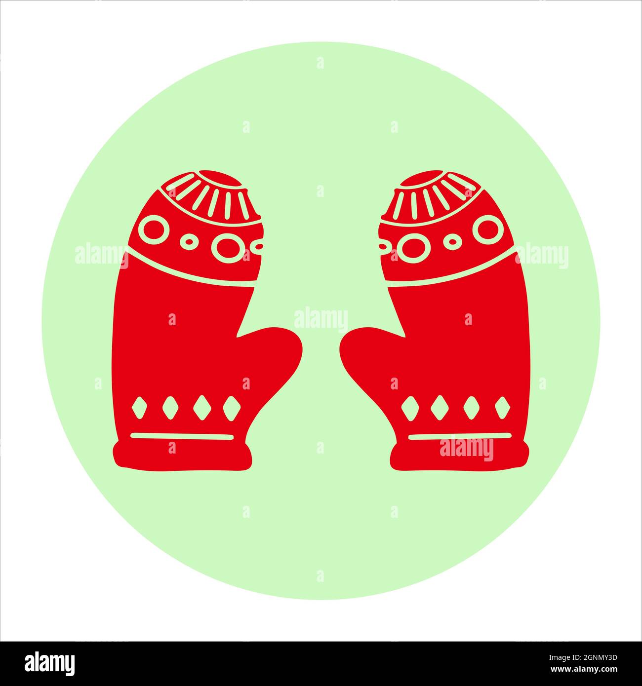 Rote Paar warme Fäustlinge Symbol in Cartoon-Stil grünen Kreis Aufkleber Hintergrund Vektor-Illustration. Handgezeichnete Weihnachtshandschuh Dekoration Neujahr Stock Vektor