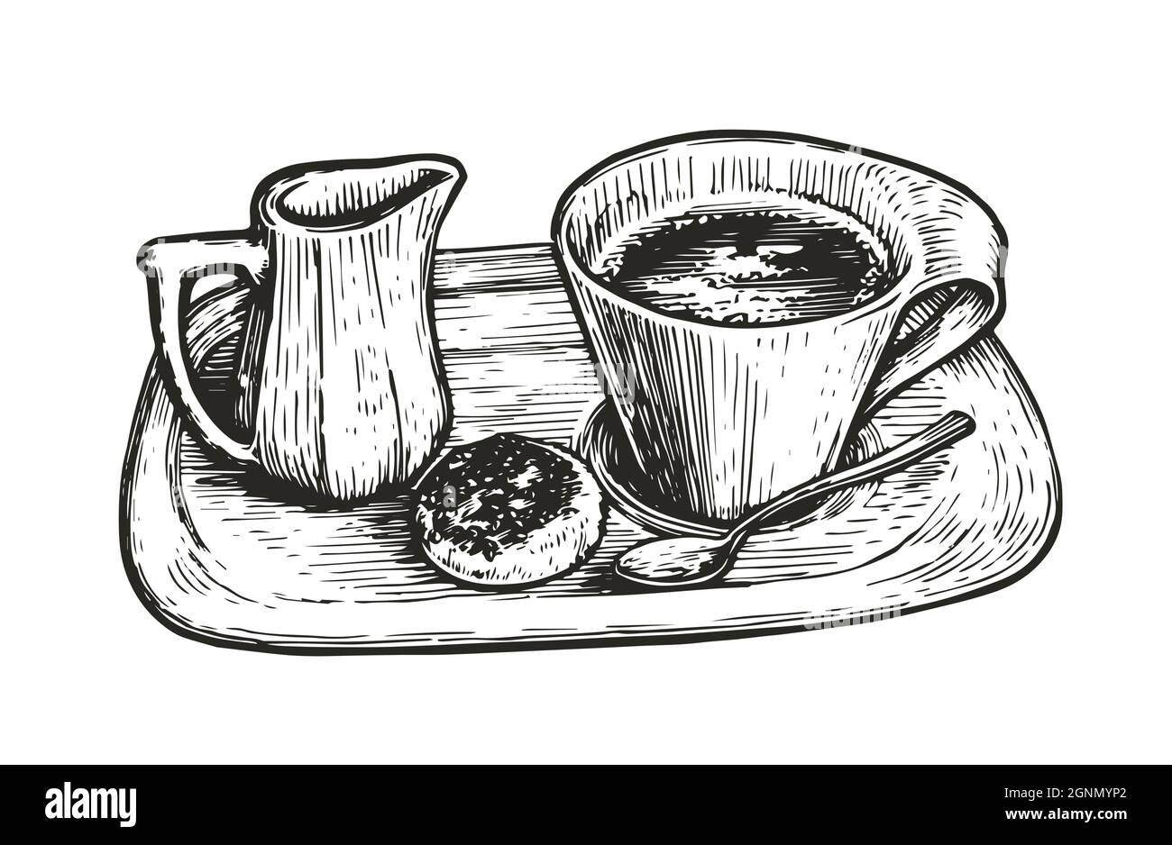 Tasse Kaffee auf Tablett. Skizze des Lebensmittelkonzepts. Vektor-Illustration für Café oder Restaurant-Menü Dekoration Stock Vektor