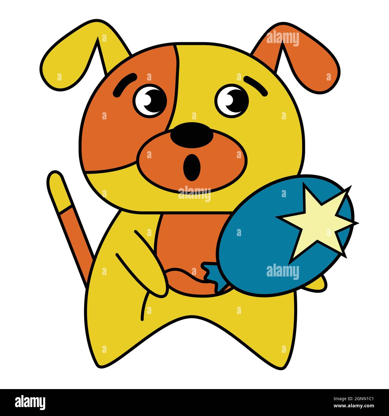 Cartoon-Hundeaufkleber. Hund erlag platzen Ballon, niedliche Maskottchen Charakter Vektor Illustration Stock Vektor
