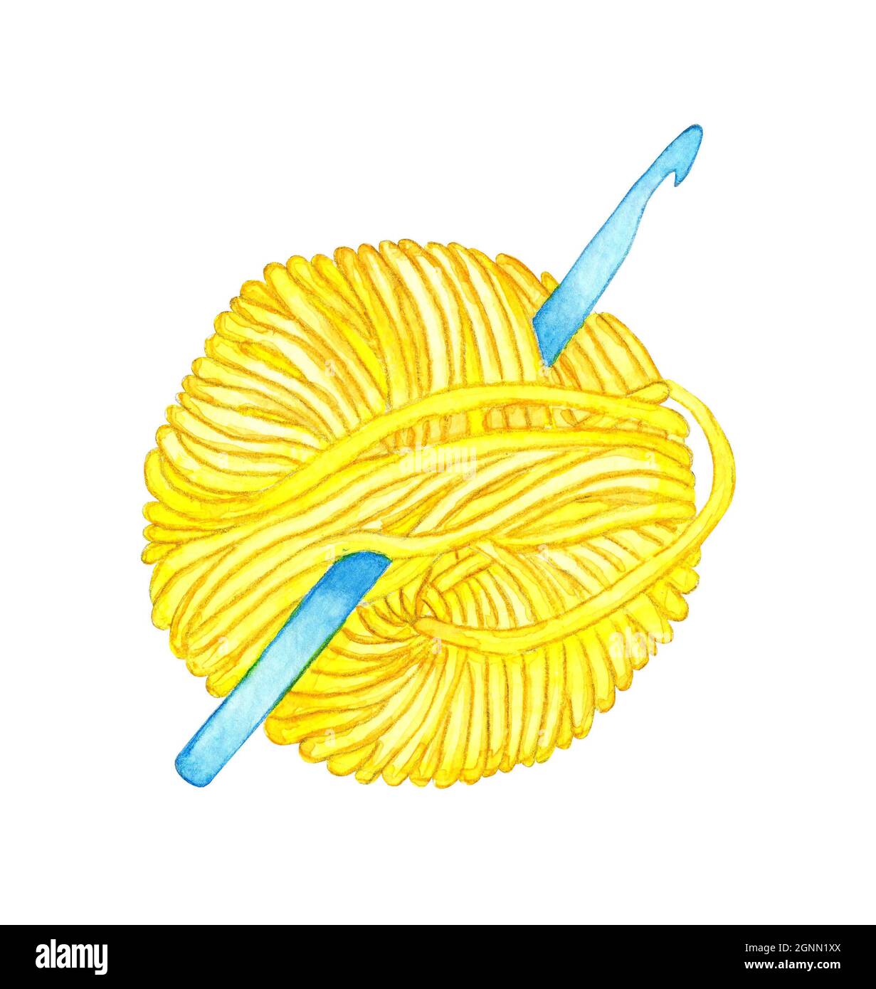 Aquarell-Illustration eines Häkelnadel, der in einen gelben Skein geklebt ist. Ein Wollball zum Stricken. Maschen und Maschen häkeln. Kreativität, Stricken, Stockfoto
