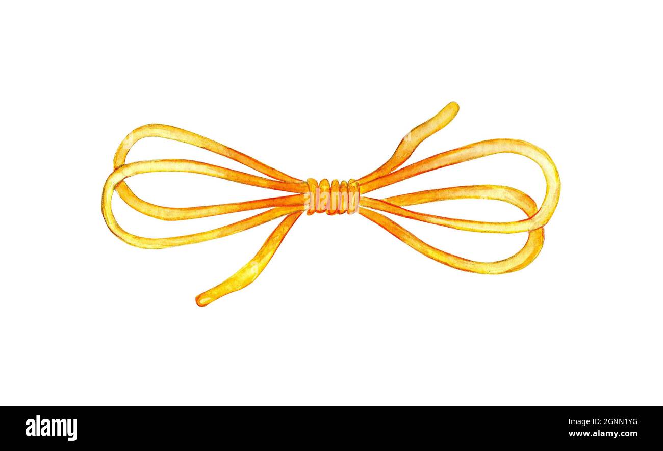Aquarell-Illustration eines gelben Fadens, der in einer Schleife gebunden ist. Wollfaden zum Stricken. Der Rest des Fadens ist in einem Knoten gebunden. Kordelzug. Nadelarbeit, Stockfoto