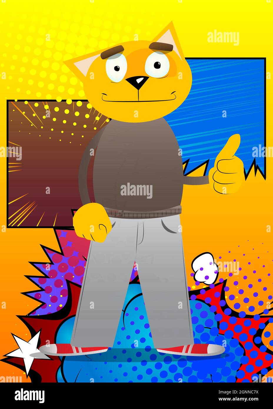 Lustige Cartoon Katze macht Daumen nach oben Zeichen. Vektorgrafik. Niedliches orangefarbenes, gelbhaariges junges Kätzchen. Stock Vektor