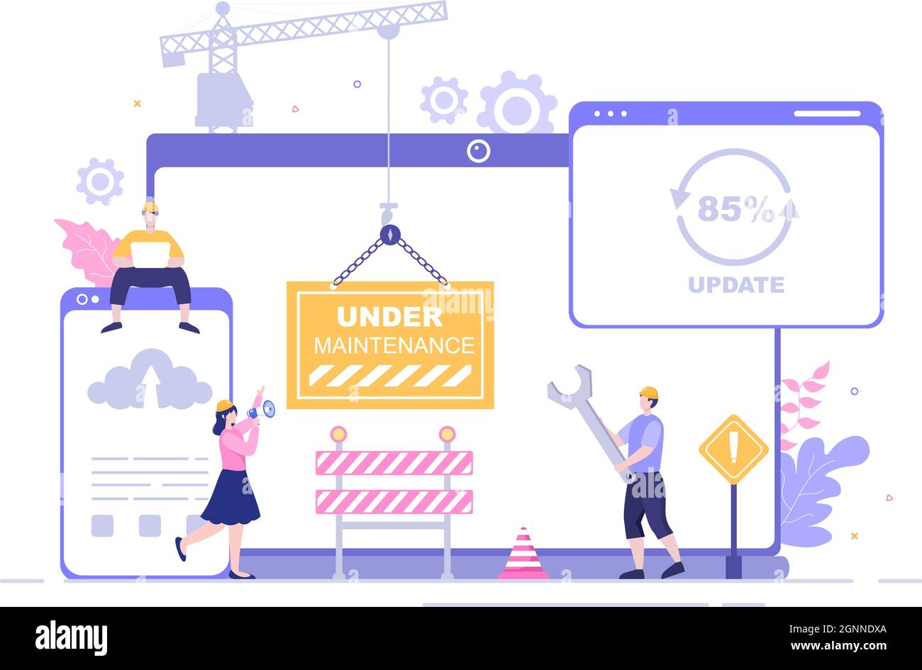 Vektorgrafik: Softwaresystem Unter Wartung. Fehler Website, Entwicklung und Aktualisierung von Webseiten auf Mobile Application for Poster Template Stock Vektor