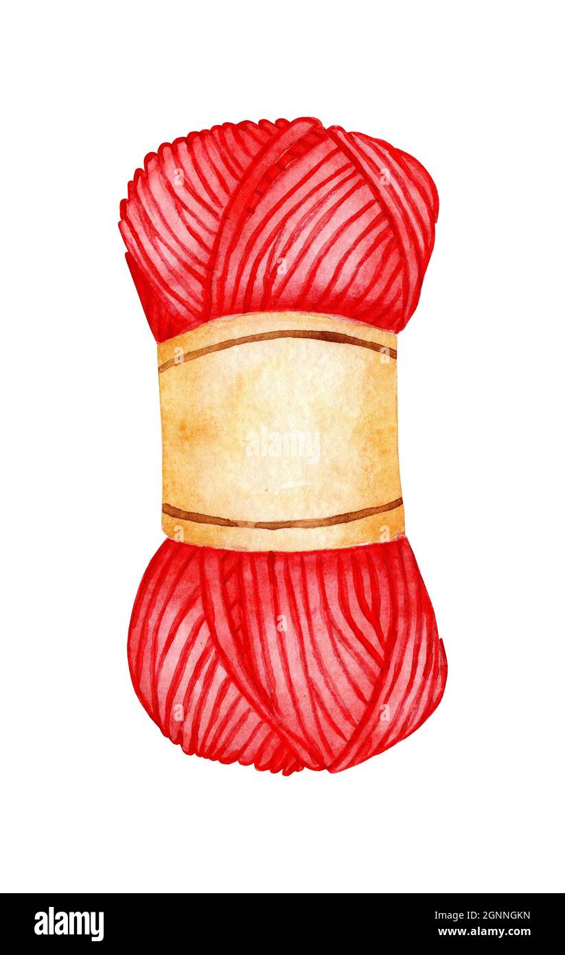 Aquarell-Illustration eines roten Garnknäuel. Die Wolle wird zu einem Ball zusammengerollt. Glatt gewickelte Fäden. Stricken, Nadelarbeit, Kreativität, Gewirr. I Stockfoto