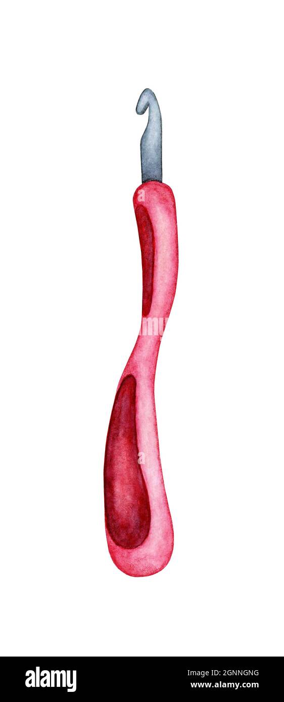 Aquarell-Illustration eines rosafarbenen Häkelnadel mit bequemem Griff. Nadelarbeitswerkzeug. Kreativität, Handwerk, schmiedeeiserne Produkte. Isoliert ein Stockfoto