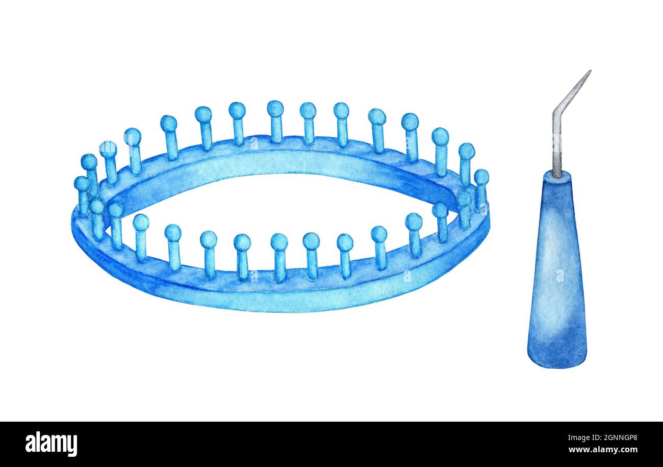 Aquarell-Illustration eines Geräts zum Stricken von Luma. Werkzeug zum Stricken von Kleidung von Hand. Kreis zum Stricken von Socken. Kreativität, Handarbeit, Handarbeit. Stockfoto