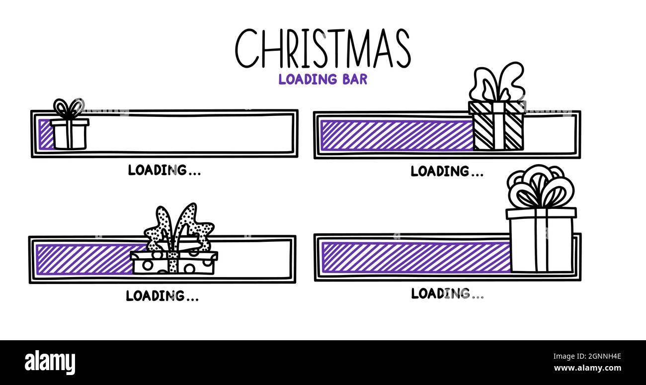 Weihnachten 2022 Fortschrittsbalken. Designelement für Infografiken mit violettem Status der Fertigstellung. Handgezeichnete Vektorgrafik in Weiß isoliert Stock Vektor
