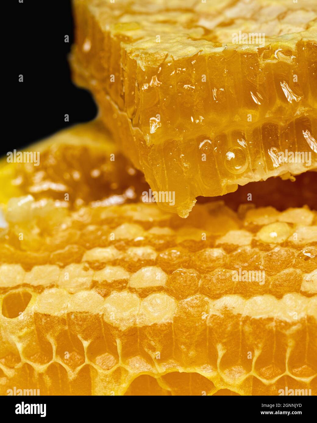 Nahaufnahme von süßen Bio-Honigscheiben auf dunklem Hintergrund. Natürliches antibakterielles, antimykotisches und antivirales Mittel Stockfoto