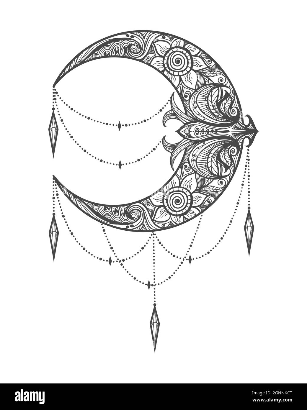 Tattoo of Crescent Moon gezeichnet im Zentangle Stil. Vektortätowierung. Stock Vektor