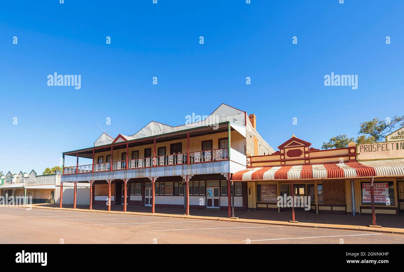 Historische Gebäude in der Hauptstraße von Cue, einer alten Bergbaustadt in den Goldfeldern, Murchison Region, Western Australia, Australien Stockfoto