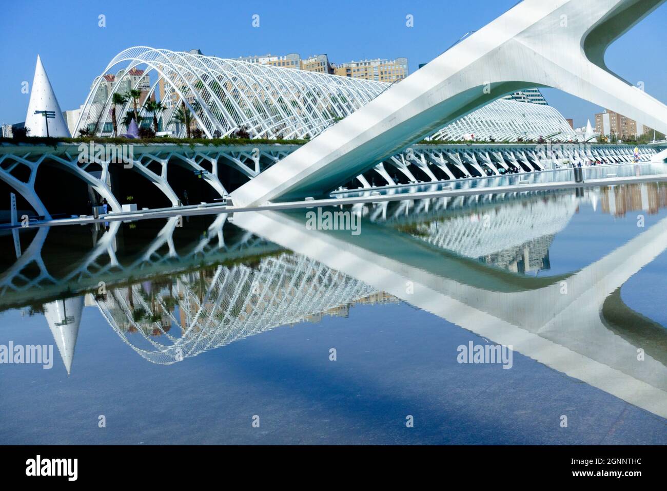 Reflexion im Wasser Spanien Valencia Stadt der Künste und Wissenschaften Valencia Spanien Moderne Architektur von Calatrava Stockfoto