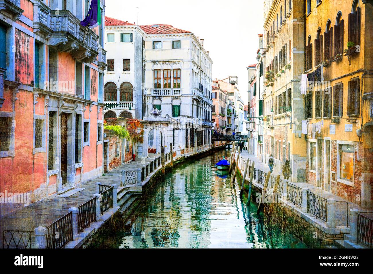 Venedig, Italien. Romantische venezianische Kanäle mit engen Gassen. Künstlerisches Bild im Retro-Malstil Stockfoto