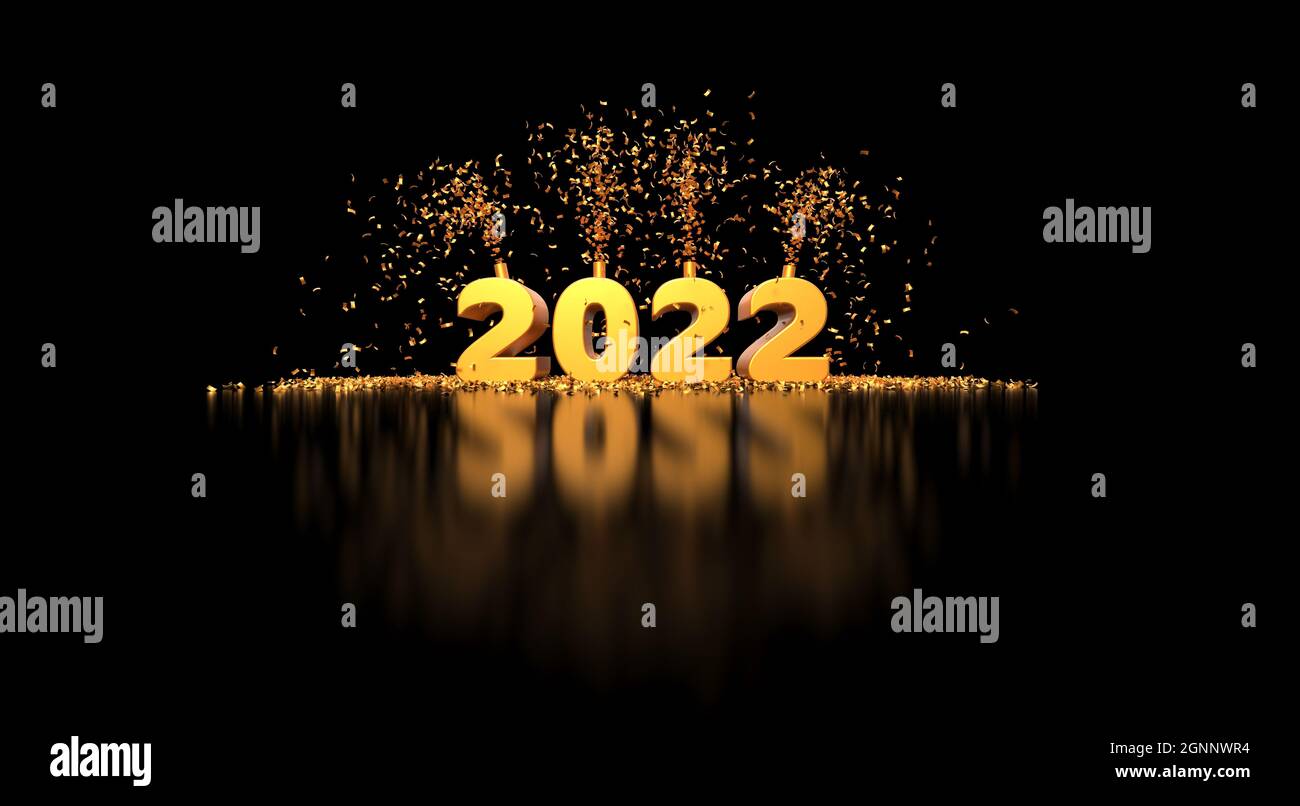 Grußkarte für das Jahr 2022 mit goldener Zahl und Partyfavoren auf schwarzem Hintergrund - 3D-Rendering Stockfoto