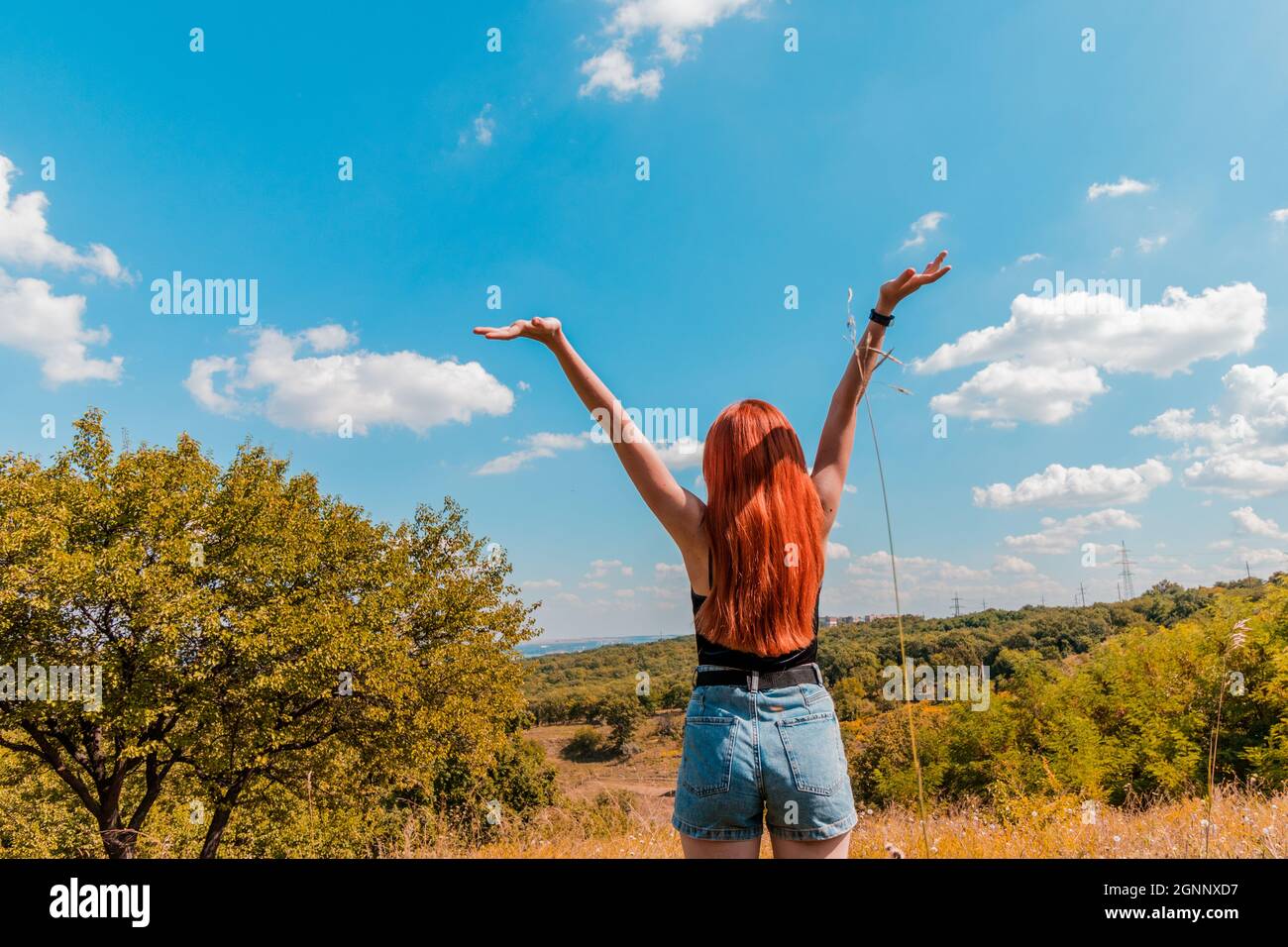 Ein Mädchen mit langen roten Haaren steht und blickt auf die grünen Hügel. Stockfoto