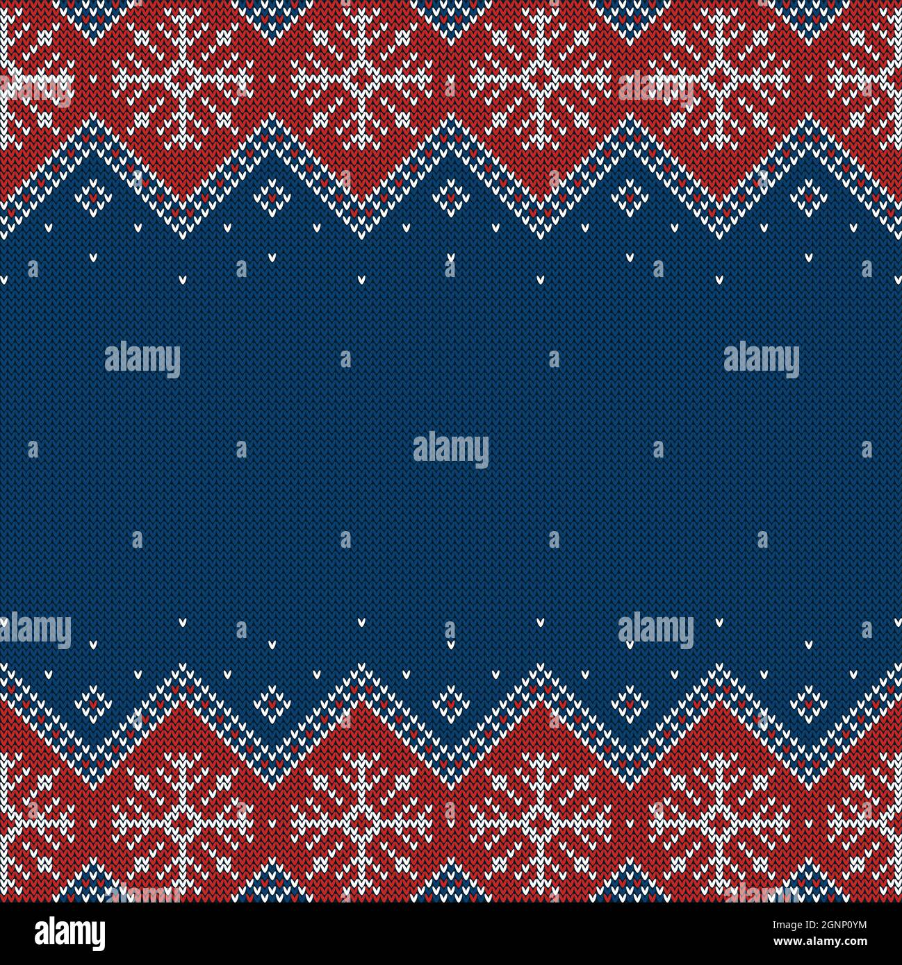 Gestrickter Hintergrund mit Schneeflocken und Copyspace. Muster für Weihnachten, Neujahr oder Winter Design. Pullover Bordüre Ornament und Platz für Text. Vektor Stock Vektor