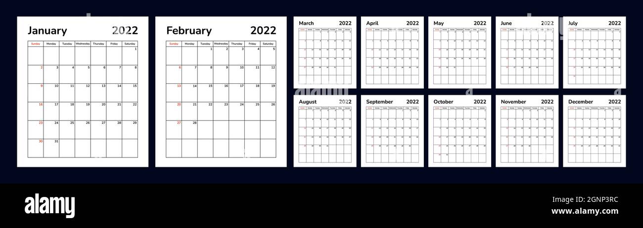 Kalender 2022. Vektorvorlage Planner Organizer Scheduler. Wandschreibtisch Firmenkalender. Die Woche beginnt am Sonntag. Satz monatlicher Seiten. Frohes Neues Stock Vektor