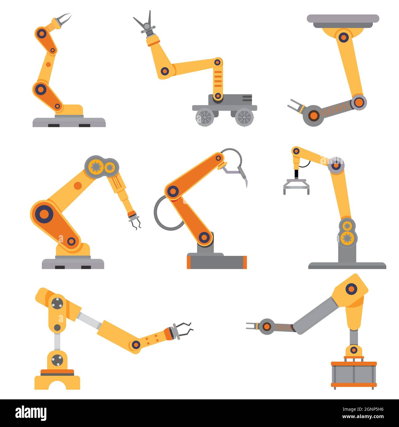Arm Roboter Sammlung für industrielle Fördertechnik. Roboter automatisiert und Roboterarm für Fabrik, Intelligenz Maschine, Ingenieur Innovation, Stahl konstruieren Stock Vektor