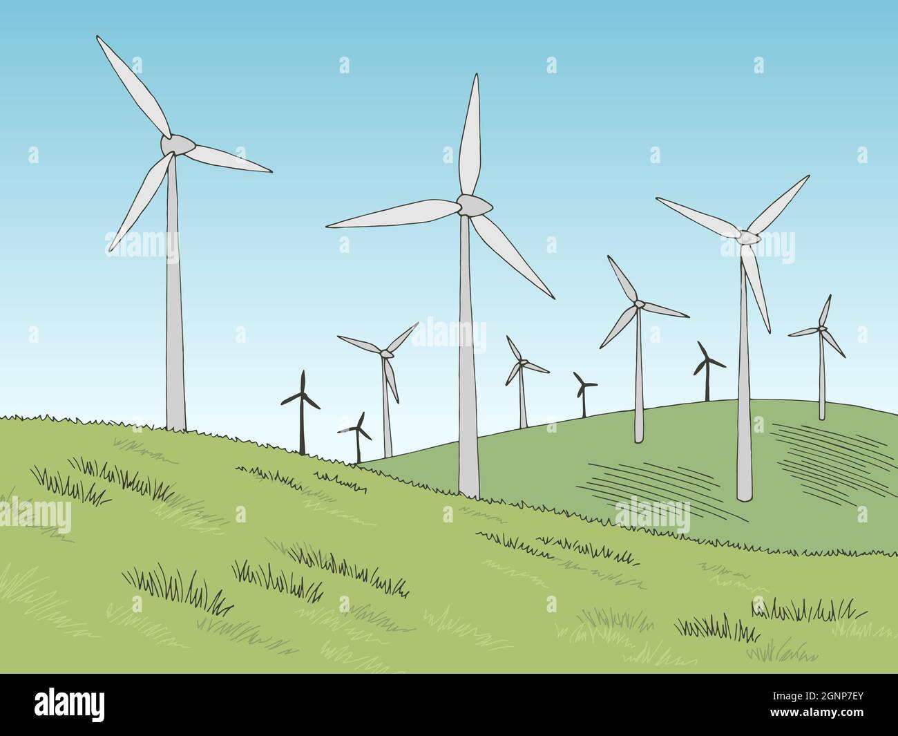 Windmühlen Grafik Farbe Landschaft Skizze Illustration Vektor Stock Vektor