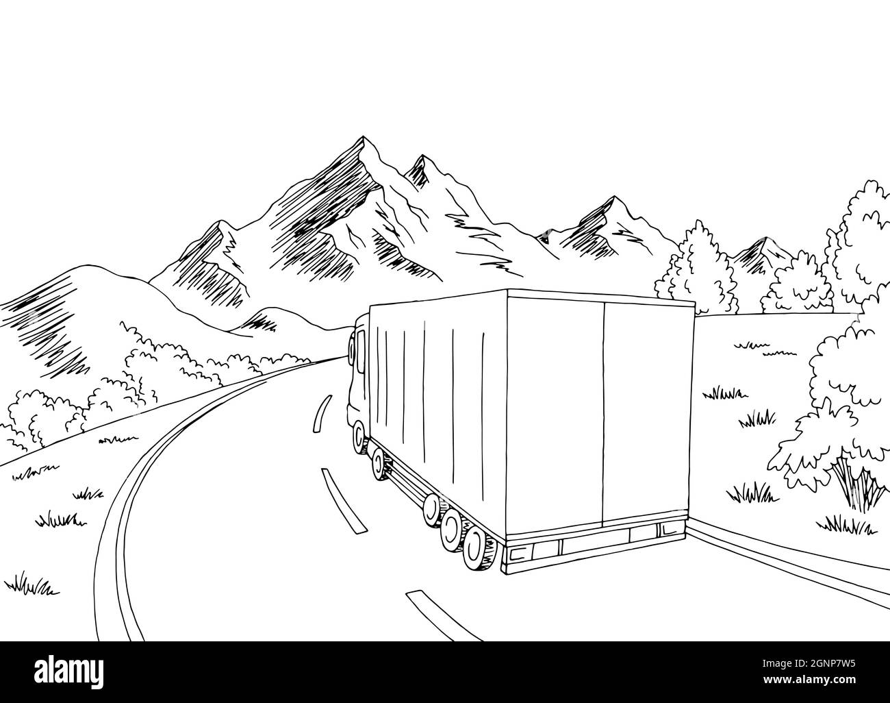 LKW fahren auf der Straße schwarz weiß Skizze Landschaft Illustration Vektor Stock Vektor