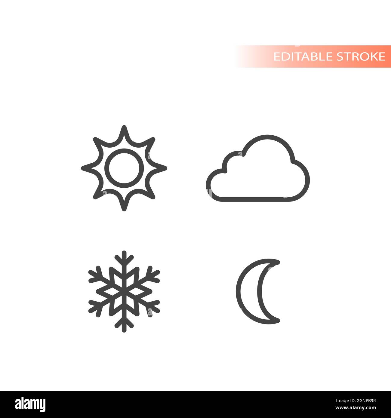 Vektorsymbole für Sonne, Schneeflocke, Wolke und Mond. Tag, Nacht, Sommer und Winter Line Icon Set. Bearbeitbare Kontur. Stock Vektor