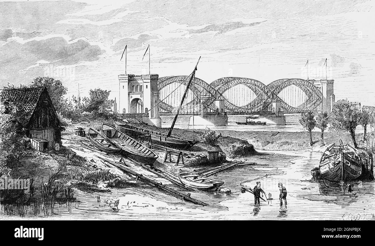 Pariser Eisenbahnbrücke über die Elbe in der hansestadt Hamburg, historische Abbildung 1880, Stockfoto