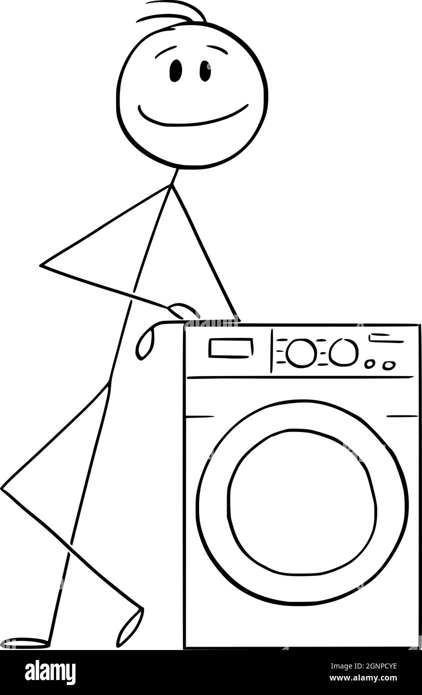 Person oder Verkäufer, die sich zum Trockner hin schiefen oder einen Trockner zeigen, Vektorgrafik Cartoon Stick Figure Stock Vektor