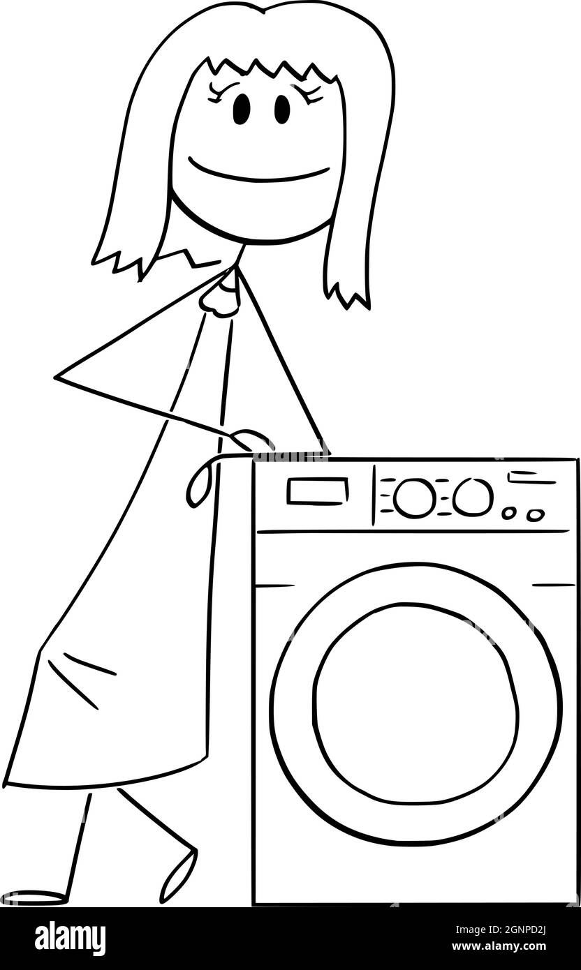 Frau oder Verkäufer, die sich zum Trockner hin schiefen oder einen Trockner zeigen, Vektorgrafik Cartoon Stick Figure Stock Vektor