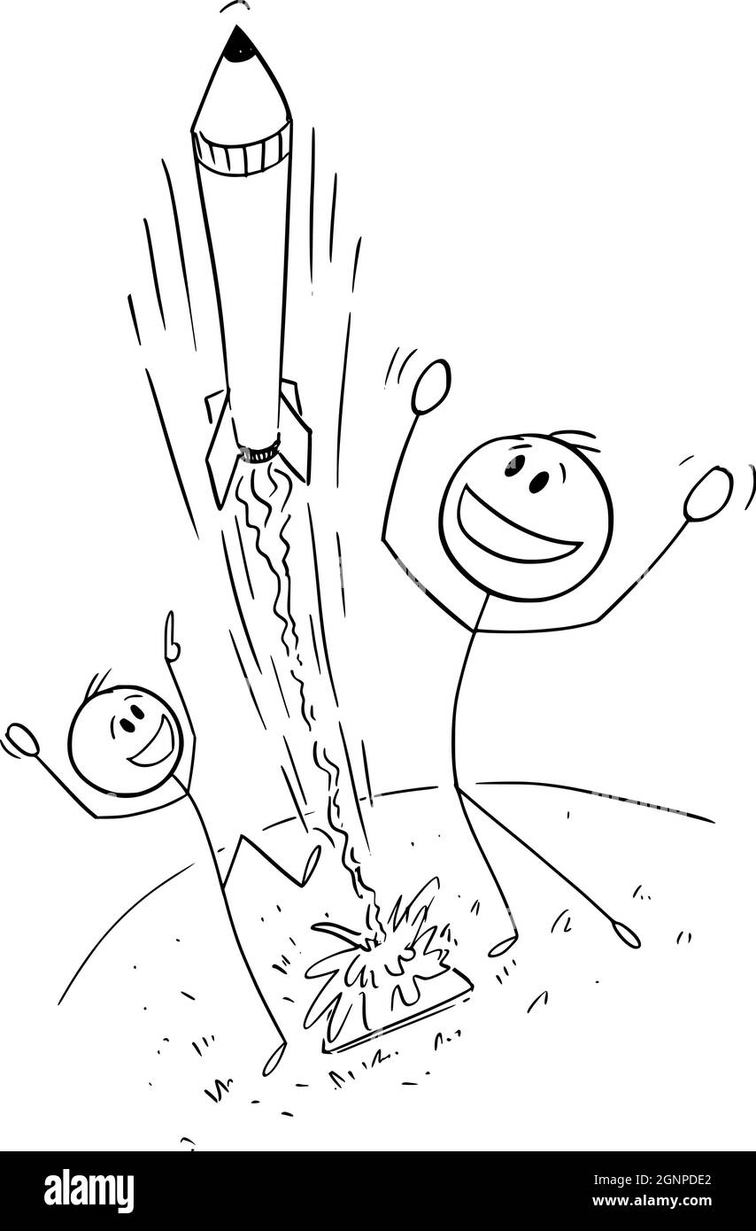 Vater und Sohn starten Startseite gemacht Rakete, Vektor Cartoon Stick Abbildung Stock Vektor