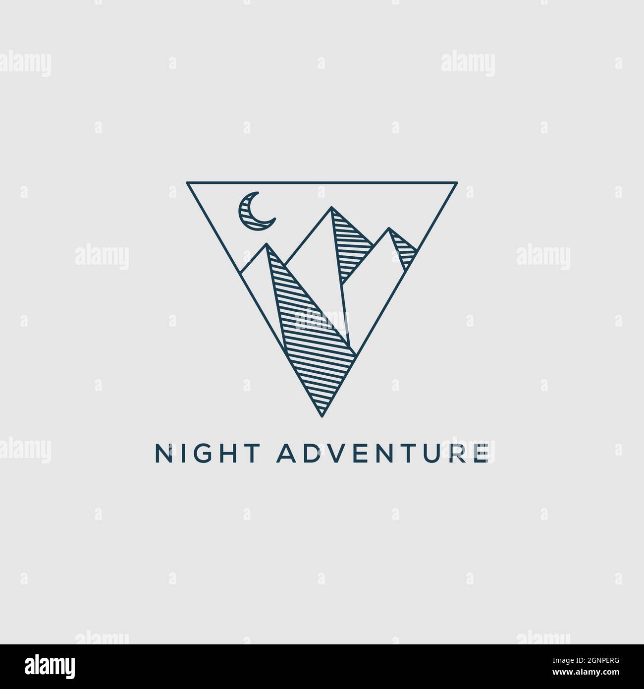 Linie Kunst Nacht Abenteuer Logo-Design, Vektor-Grafik für Outdoor-Berg Zeichen Symbol. Stock Vektor