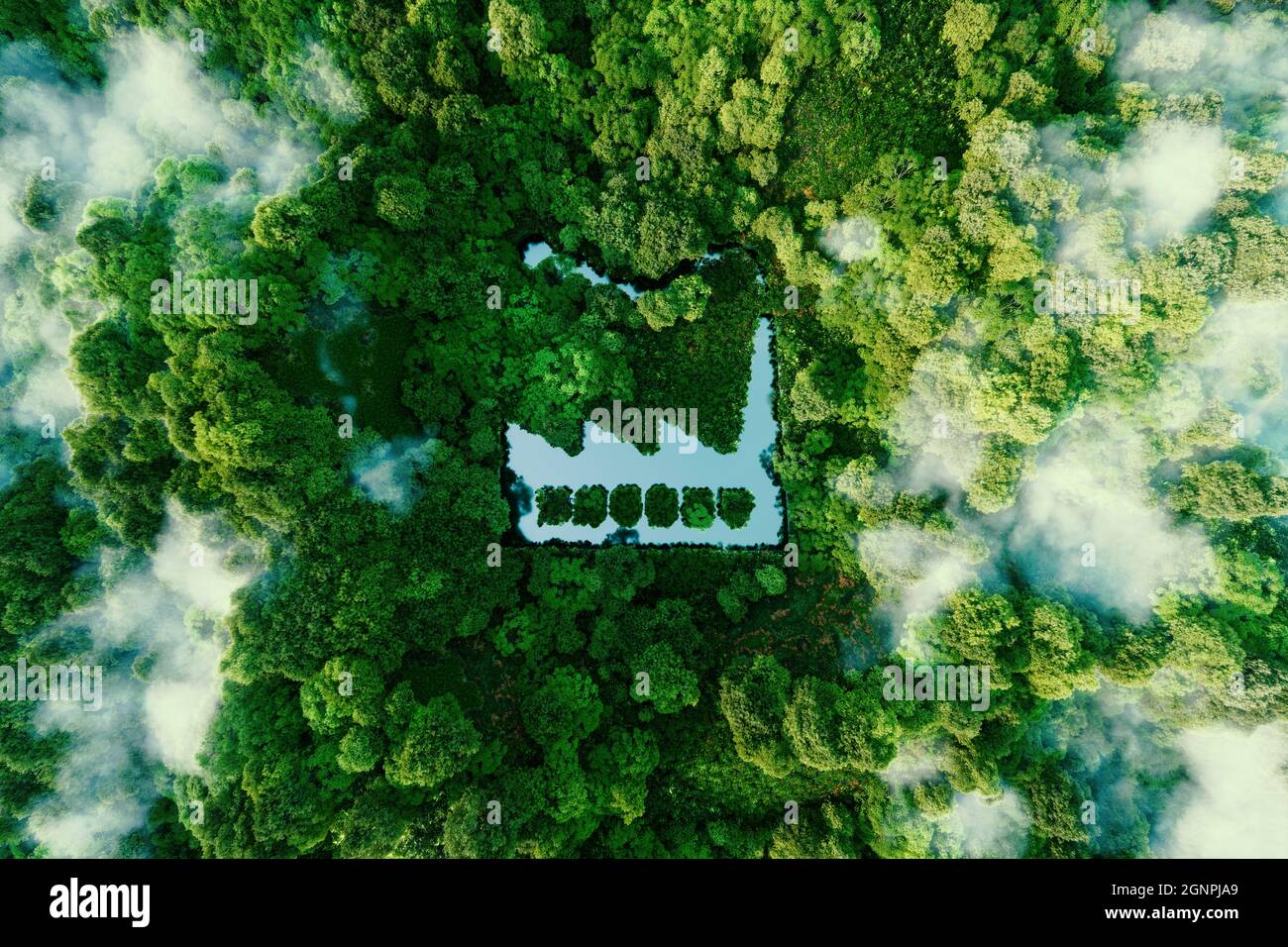 Das Konzept der umweltfreundlichen Produktion. Ein Teich in Form einer Fabrik inmitten eines üppigen Waldes. 3d-Rendering. Stockfoto