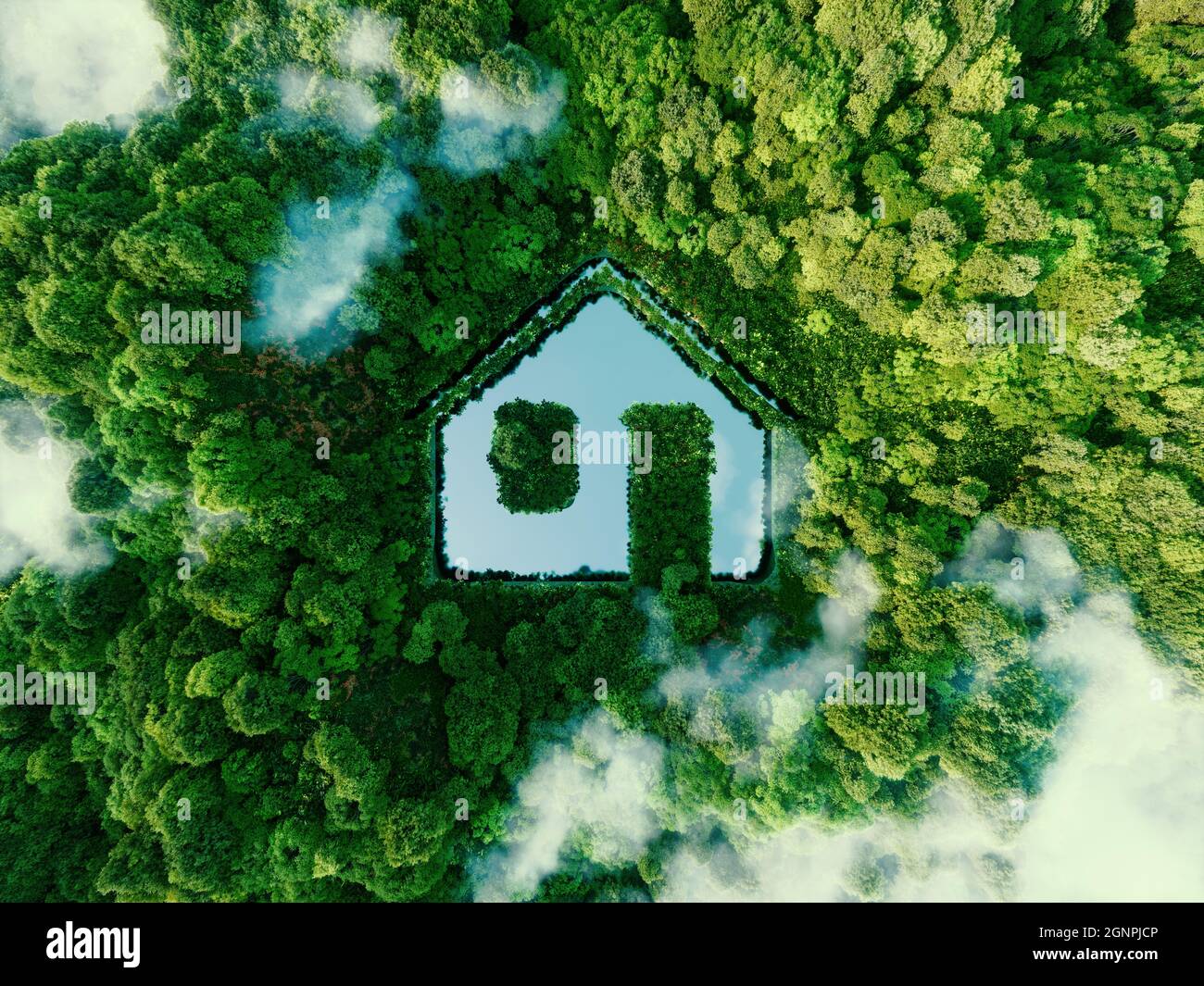 Konzept, das neue Möglichkeiten für die Entwicklung nachhaltiger Bautechnologien und Green Living in Form einer hausförmigen Teichloca darstellt Stockfoto