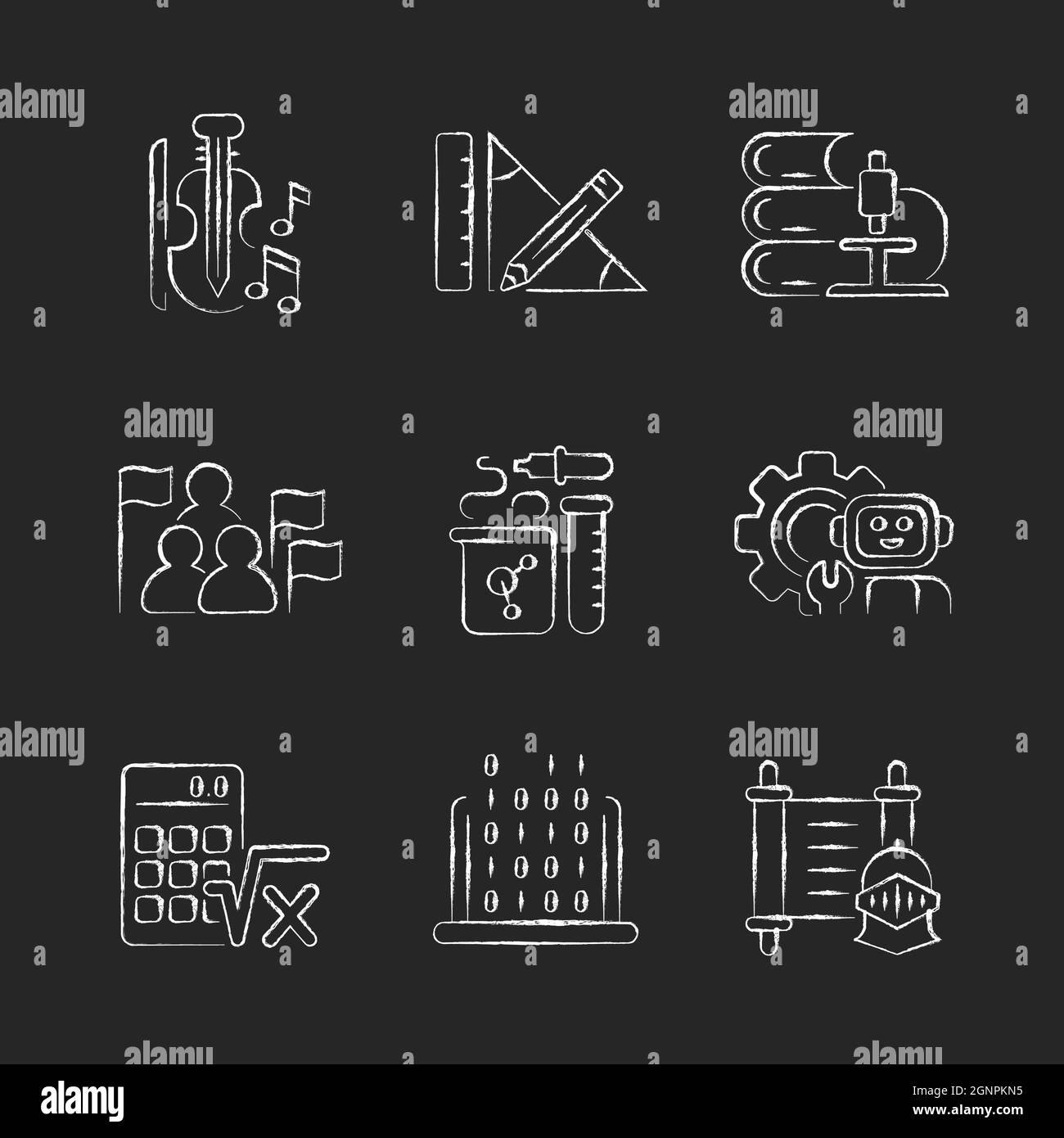 Verschiedene Arten von Schulfächern Kreide weiße Symbole auf dunklem Hintergrund gesetzt Stock Vektor