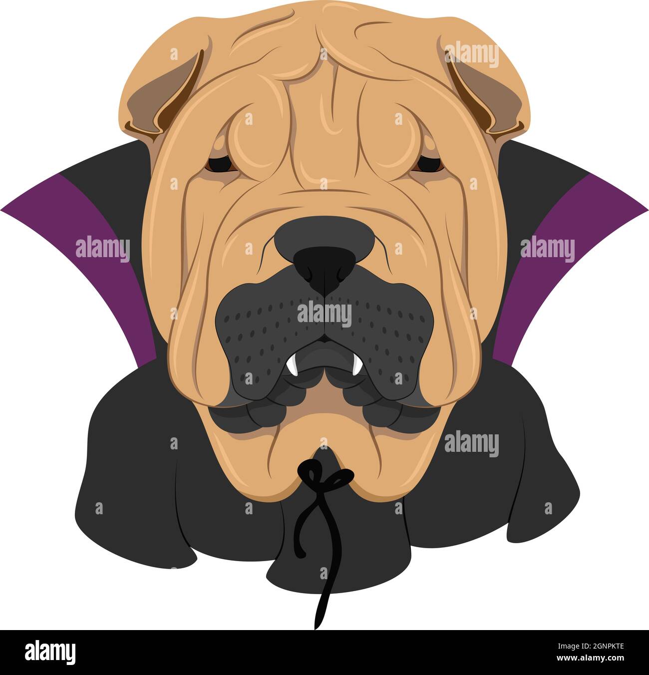 Halloween Grußkarte. Shar Pei Hund gekleidet als Vampir mit Reißzähnen und Umhang Stock Vektor