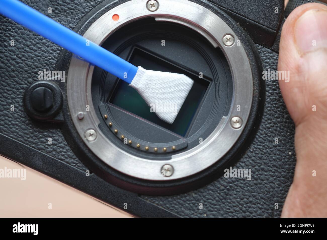 Nahaufnahme des Kamerasensors für die Reinigung, Stockfoto