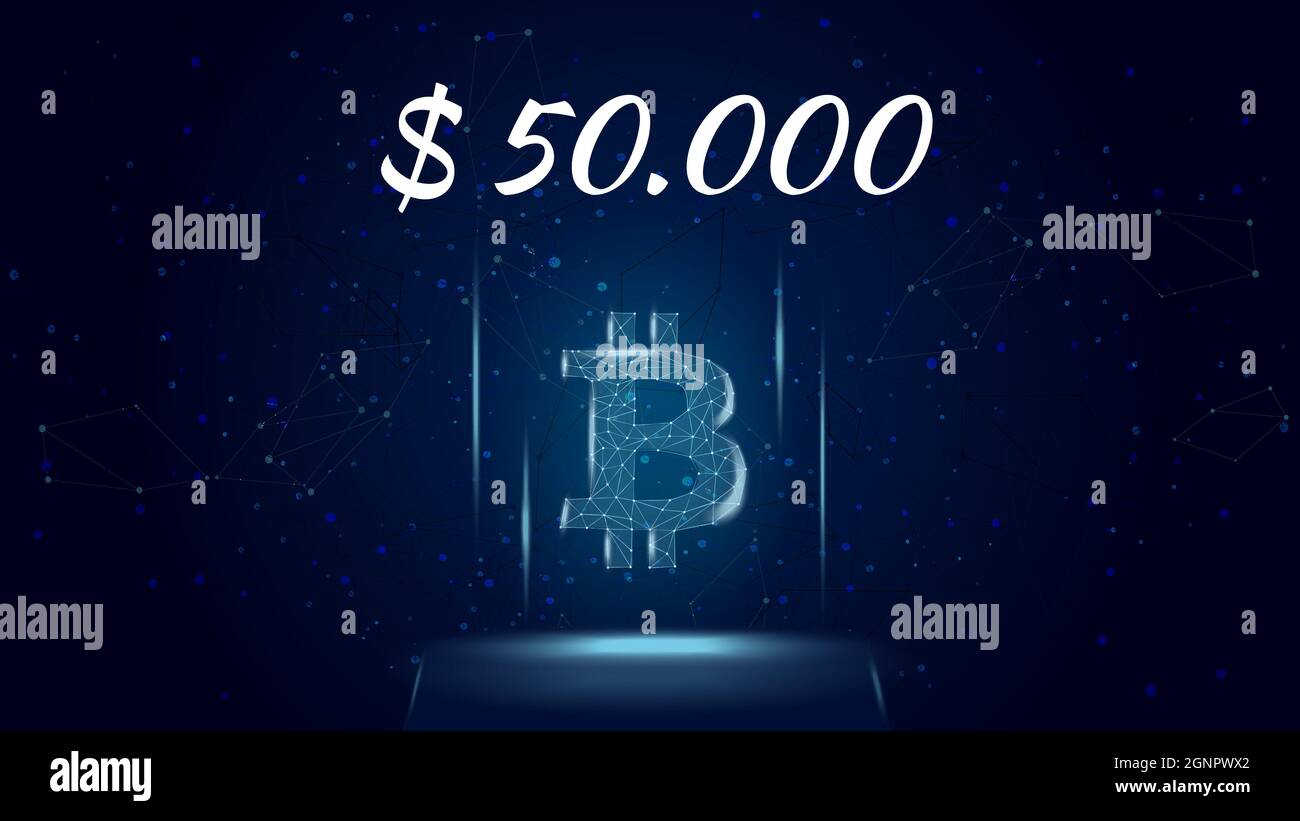 Bitcoin BTC polygonales Kryptowährungs-Token-Symbol mit einem Preis von 50000 Dollar, Münzsymbol auf dunklem Hintergrund. Logo-Symbol für Kryptowährung. Vektorgrafik Stock Vektor