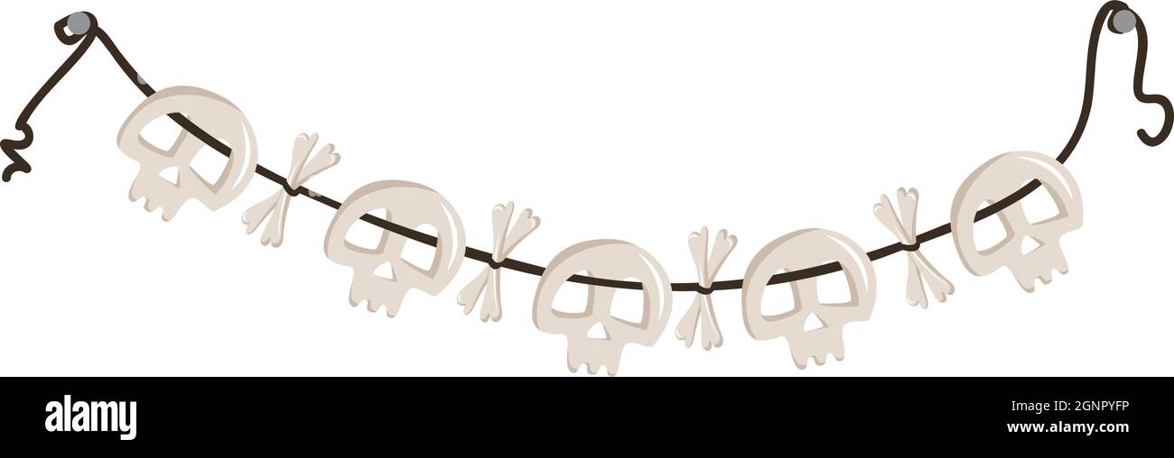 Perlen von Schädeln und Kreuzknochen, die an einem Seil hängen. Halloween Party Dekoration oder Halskette Stock Vektor