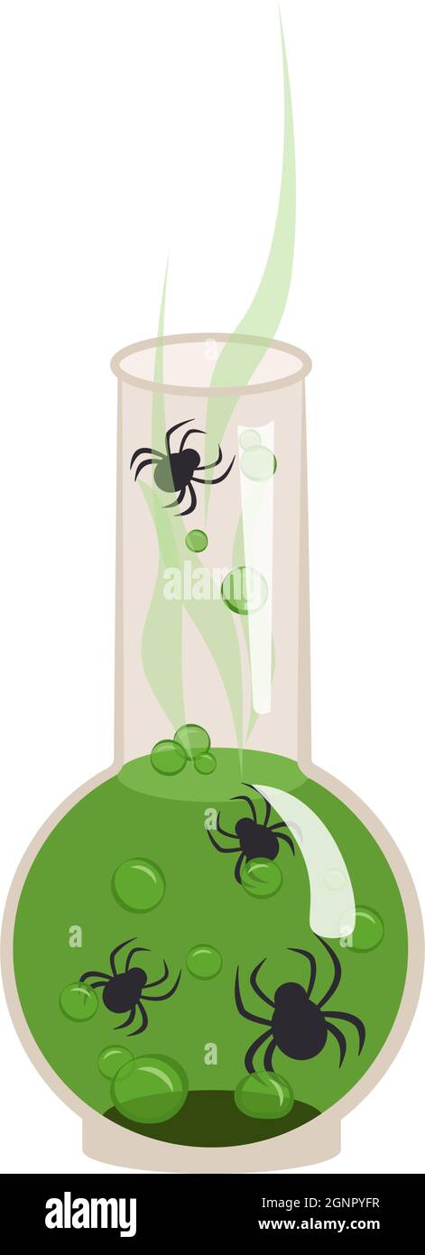 Hexenflasche mit kochender grüner Flüssigkeit und Spinnen. Halloween Trank Party Dekoration Stock Vektor