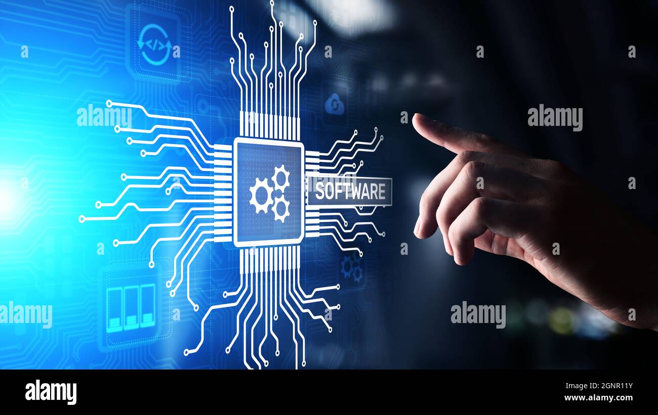 Softwareentwicklung und Geschäftsprozessautomatisierung, Internet- und Technologiekonzept auf virtuellem Bildschirm Stockfoto