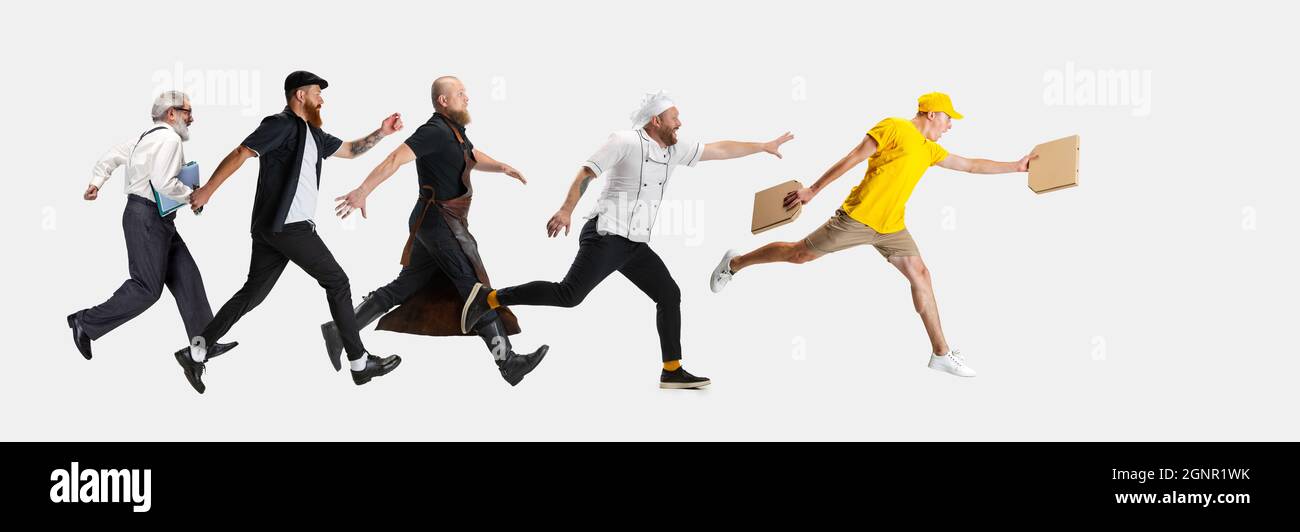 Beeil dich. Gruppe von Männern mit verschiedenen Berufen, Jobs laufen isoliert auf weißem Studio Hintergrund. Horizontaler Flyer, Collage Stockfoto Beeil dich. Gruppe von Männern mit verschiedenen Berufen, Jobs laufen isoliert auf weißem Studio Hintergrund. Horizontaler Flyer, Collage Stockfoto