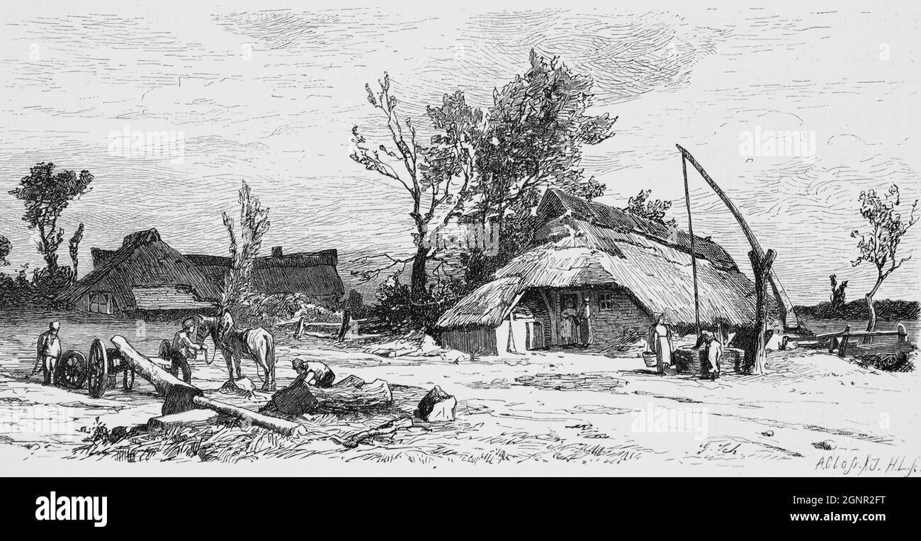 Landvolk, die in einer Dorfszene arbeiten, Frauen, die Wassermänner holen, die Holz transportieren, Großherzogtum Oldenburg, Norddeutschland, historische Abbildung 1880, Stockfoto