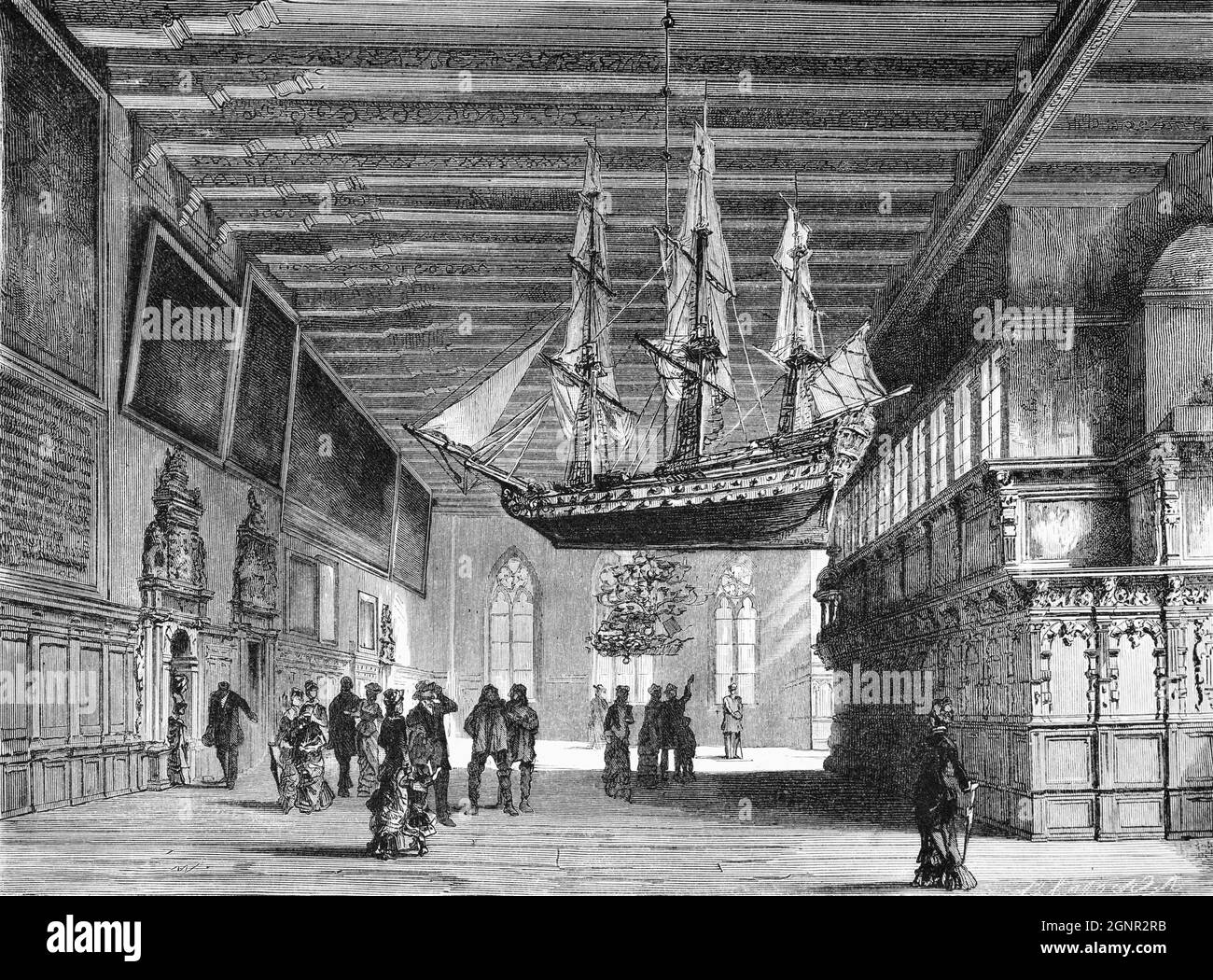 Ratskammer im Bremer Rathaus, mit an der Decke hängendem Modell-Segelschiff, Bremen, Norddeutschland, historische Abbildung 1880, Stockfoto