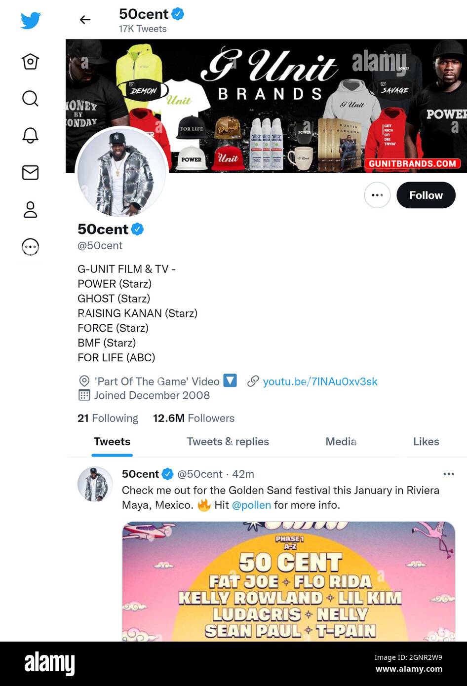 Twitter-Seite (September 2021) von 50 Cent, US-amerikanischer Rapper und Schauspieler Stockfoto