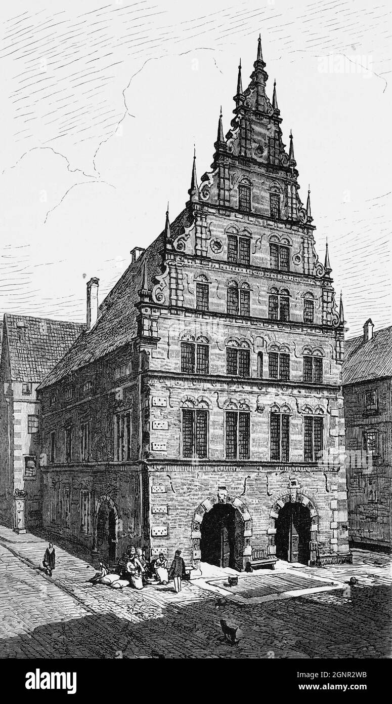 Die offiziell kalibrierten Schuppen vor einem reich verzierten Stufengiebel-Haus in der hansestadt Bremen, historische Abbildung 1880, Stockfoto