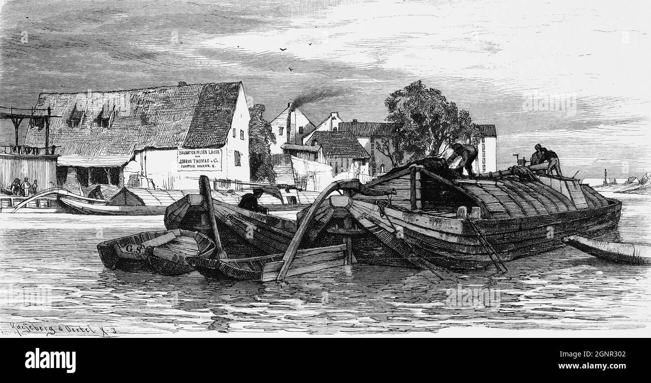 Die Weserböcke sind typische kleine Holzkähne für die Weserwanderung, historische Abbildung 1880 Stockfoto