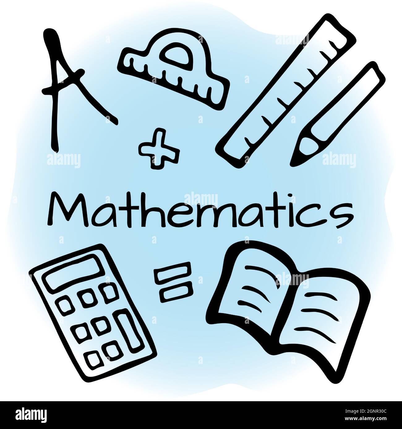 Handgezeichnetes Design-Set für Mathematik. Vektorgrafik im Doodle-Stil auf farbigem Hintergrund isoliert. Stock Vektor
