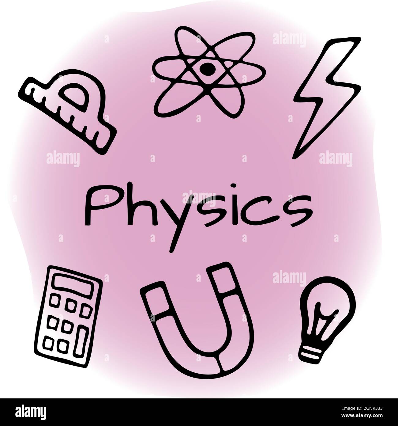 Handgezeichnetes Physik Design Set. Vektorgrafik im Doodle-Stil auf farbigem Hintergrund isoliert. Stock Vektor